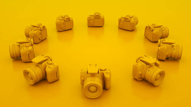 Yellow DSLR Cameras. 3D illustration