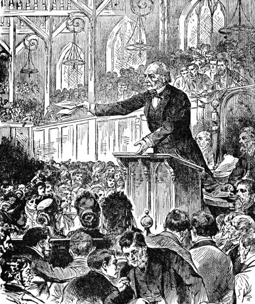 William Ewart Gladstone speak during the election campaign in Edinburgh, Scotland, 41st, 43rd, 45th and 47th Prime Minister of the United Kingdom (1809 - 1898). Vintage etching circa late 19th century.