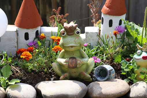 Decorative princess frog by the pond in the garden.