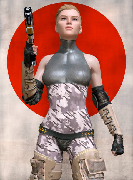 futuristic warrior woman armed with guns in a blue uniform, 3d illustration