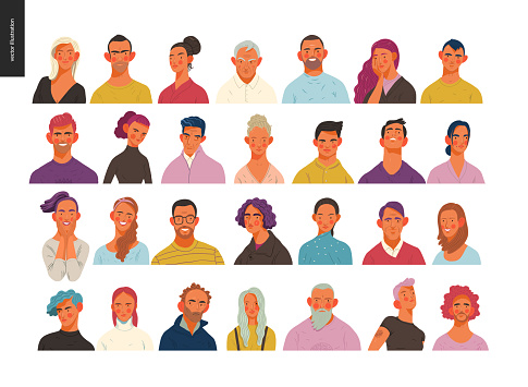 Real people portraits set - hand drawn flat style vector design concept illustration of men and women, male and female faces and shoulders avatars. Flat style vector icons set