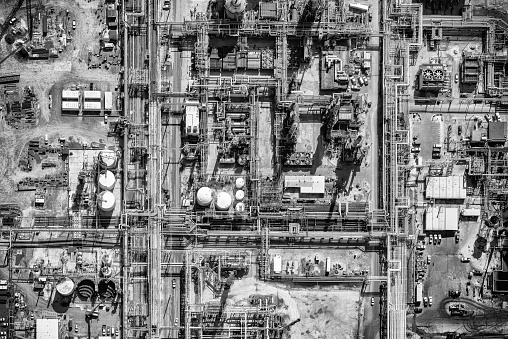 Directly above a large Texas oil refinery located just south of Houston on Galveston Bay shot from an altitude of about 1500 feet during a helicopter photo flight of the region.