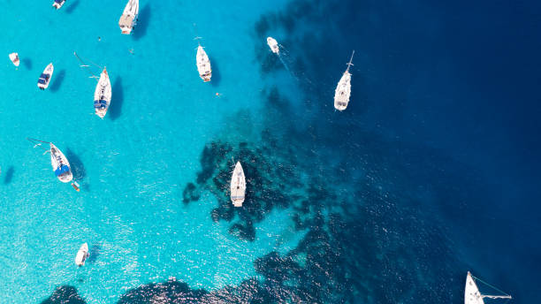 strzał z powietrza żaglówek i jachtów zakotwiczonych w morzu - marina nautical vessel sailboat harbor zdjęcia i obrazy z banku zdjęć