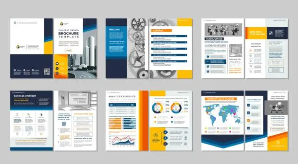 Vector illustration of Brochure creative design. Multipurpose template, include cover, back and inside pages. Trendy minimalist flat geometric design.