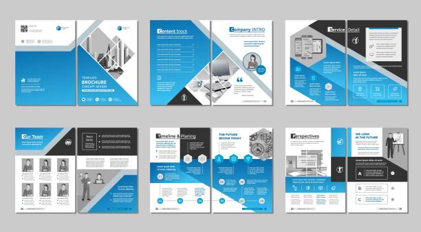 stockillustraties, clipart, cartoons en iconen met brochure creatief ontwerp. multifunctionele sjabloon, inclusief cover, terug en binnen pagina's. trendy minimalistisch plat geometrisch ontwerp. - brochure