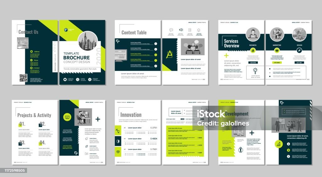Brochure creative design. Multipurpose template, include cover, back and inside pages. Trendy minimalist flat geometric design. Vertical a4 format. Plan - Document stock vector