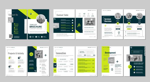 Brochure creative design. Multipurpose template, include cover, back and inside pages. Trendy minimalist flat geometric design. Vertical a4 format. business infographics stock illustrations