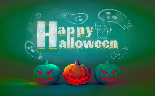 3D rendering illustration three of Jack o lantern the pumpkin with evil face glowing on green blackboard background with greeting text and ghost doodle in chalk board style for Halloween event