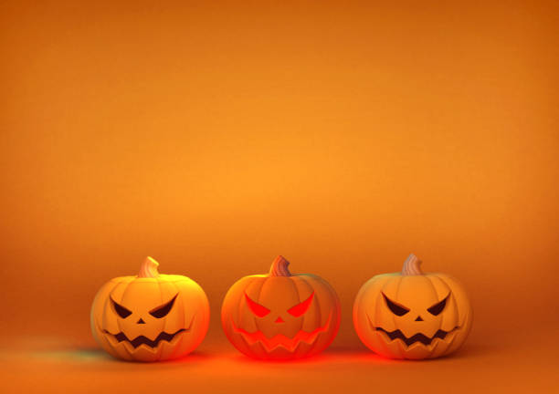 3D rendering illustration three of Jack o lantern the pumpkin with evil face glowing on blank orange space template background  for Halloween event