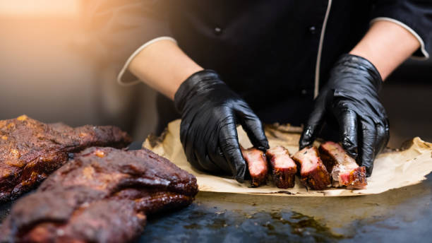 grill restaurant kitchen chef smoked pork ribs stock photo