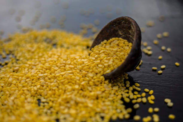 istock Unskinned split mung dal or moong dal in a black colored clay bowl on the black wooden surface used for various dishes. Also referred to as green gram, maash, or moong or unskinned mung beam. 1172612708