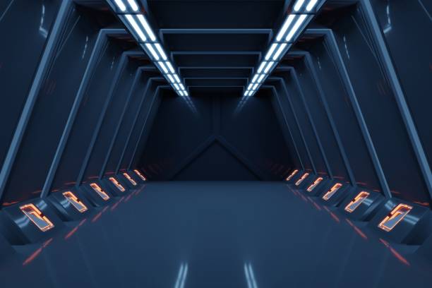 istock Science background fiction interior rendering sci-fi spaceship corridors blue light. 1172613827