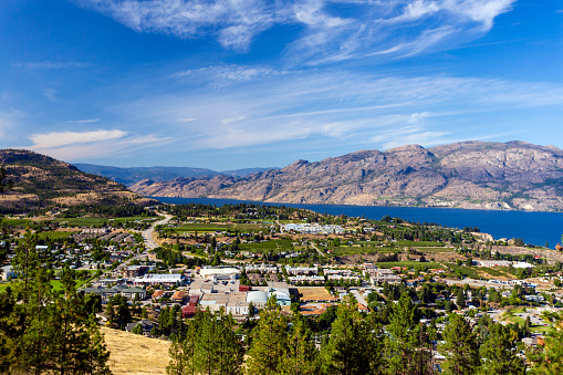View of agricultural fields, vineyards, and Okanagan Lake from Giants Head Mountain in Summerland, Okanagan Valley, British Columbia, Canada.