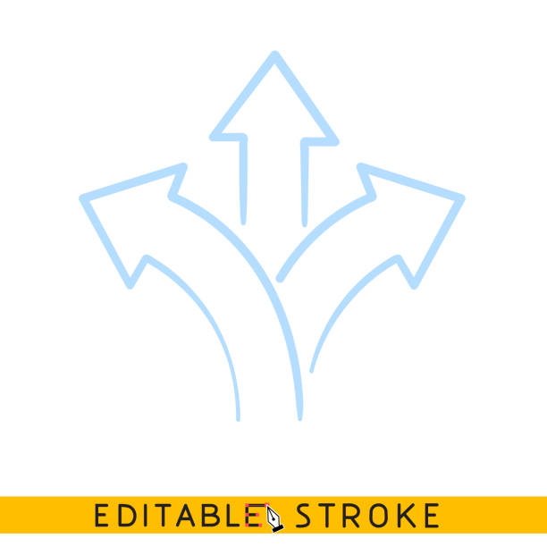 Three direction arrow icon. Line doodle sketch. Editable stroke icon. Three direction arrow icon. Line doodle sketch. Editable stroke icon fork in the road stock illustrations