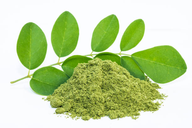 Moringa powder Moringa powder, Moringa oleifera on white background moringa leaves stock pictures, royalty-free photos & images