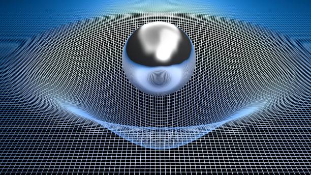 istock Metallic chrome sphere over a blue grid gravitational field - 3D rendering illustration 1172617480