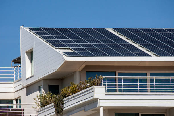 Solar panels on the roof of a modern building - photography stock photo
