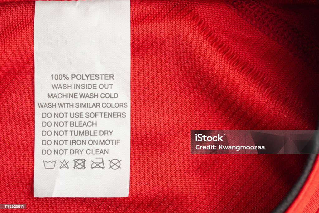 Sjah Interpretatie Edele White Laundry Care Washing Instructions Clothes Label On Red Jersey  Polyester Sport Shirt Stock Photo - Download Image Now - iStock