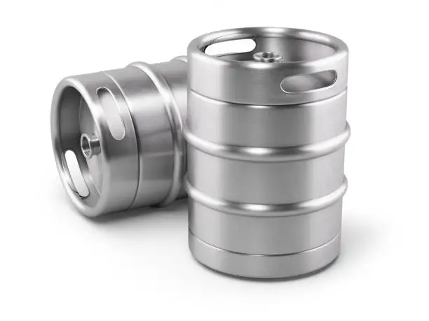 Two metal beer kegs isolated on white background. 3D render