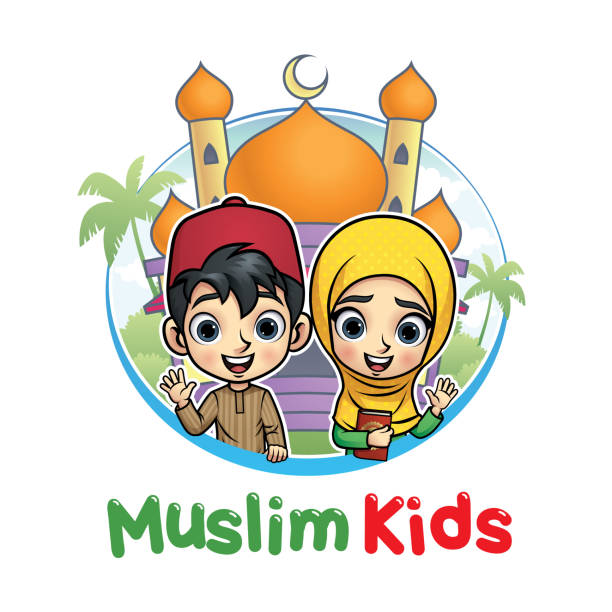 Muslim Kids and Mosque Muslim Kids and Mosque, Vector EOS 10 azan stock illustrations