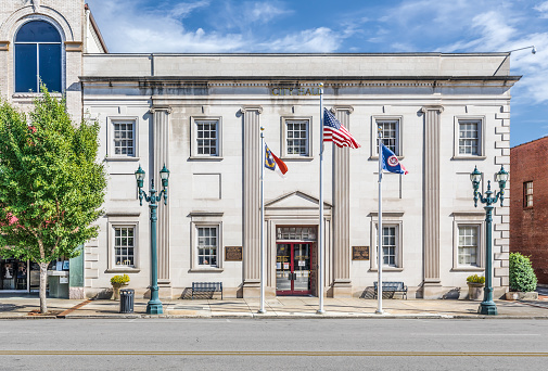 Salisbury, NC, USA-1 September 2019:  Front exterior of the City Hall building in downtown.