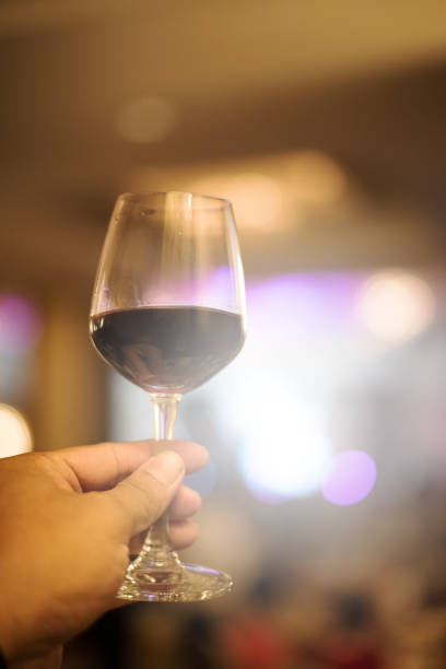 istock Hand holding red wine glass on bright light background 1172639154