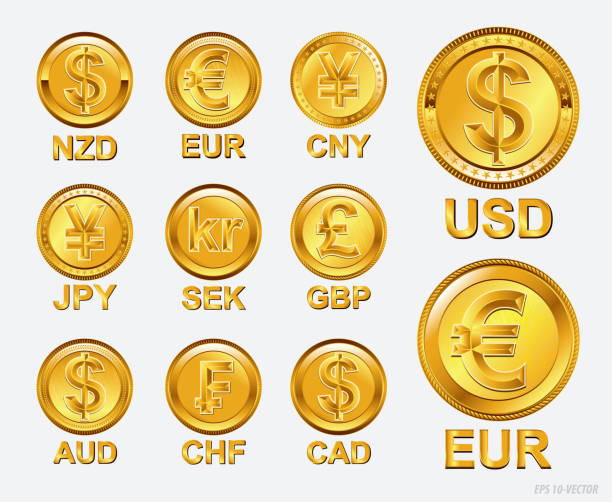 ilustraciones, imágenes clip art, dibujos animados e iconos de stock de monedas mundiales famosas en concepto de moneda dorada. - japanese currency shiny finance horizontal