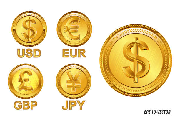 ilustraciones, imágenes clip art, dibujos animados e iconos de stock de monedas mundiales famosas en concepto de moneda dorada. - japanese currency shiny finance horizontal