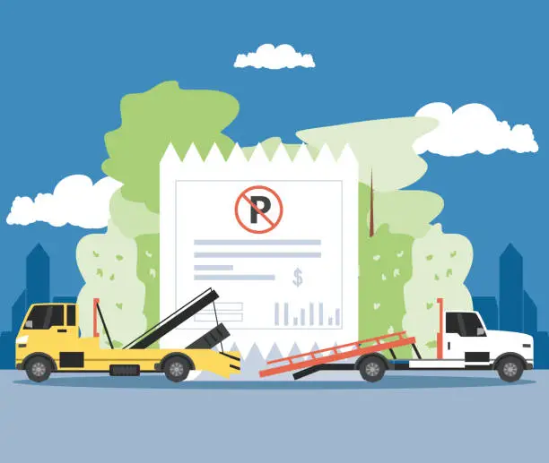 Vector illustration of crane truck service in the parking zone scene