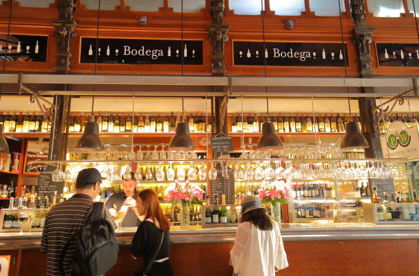 Madrid Spain - May 27, 2019: People visit Mercado de San Miguel market Madrid Spain