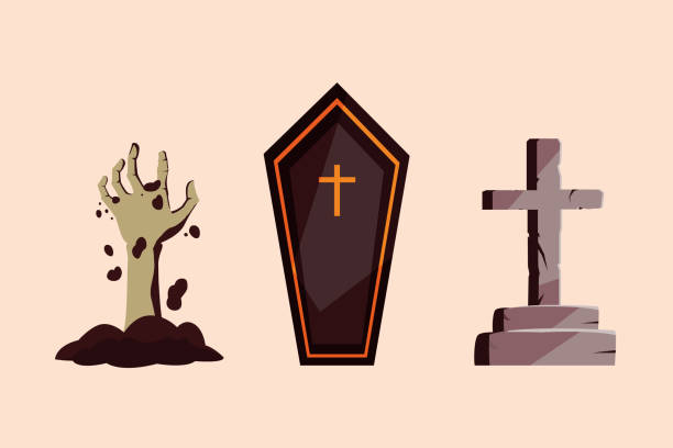 illustrations, cliparts, dessins animés et icônes de cercueil avec le zombie de main et la pierre croisée de l'halloween - cross shape cross rough wood