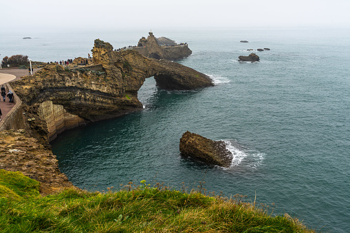 The Rocher de la Vierge (Rock of the Virgin Mary) during winter season. Biarritz, France, January 2019