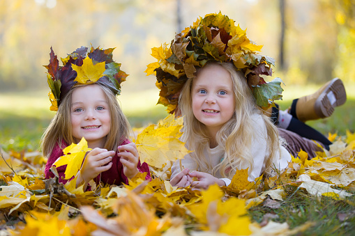 Two girls in a maple crown lie on yellow leaves in the forest. Children on a walk in the autumn park. Funny sisters on the street