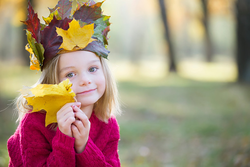 Little girl with a maple leaf and a crown of yellow leaves.Child on a walk in the autumn park.