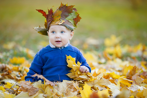 Toddler in the autumn leaves. Beautiful little baby in yellow maple foliage.1 year old baby wearing a maple crown
