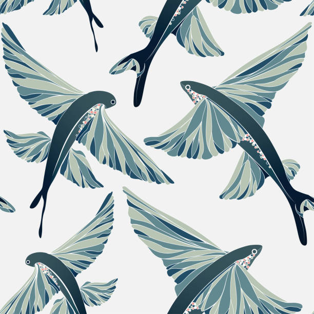 illustrazioni stock, clip art, cartoni animati e icone di tendenza di exocoetidae o pesci volanti. modello senza soluzione di continuità - pesce volante immagine