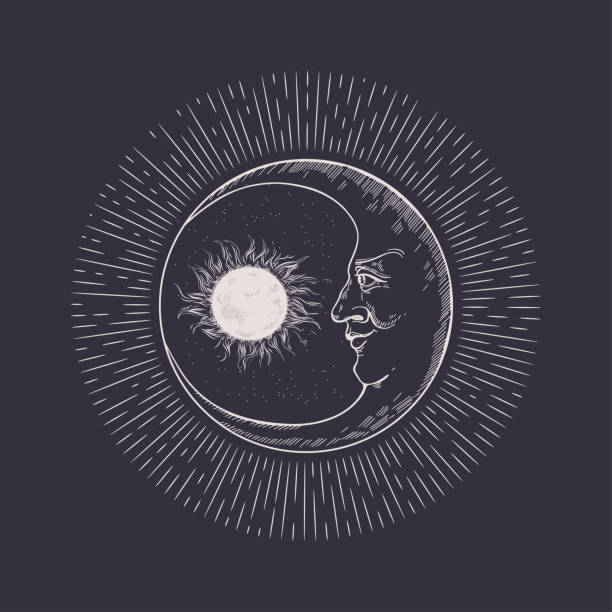 słońce, gwiazdy i półksiężyc. twarz księżyca. ilustracja vintage. - spirituality star night sun stock illustrations