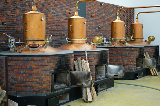 Series of four Copper Distillers as Distillation Column Equipment for alcoholic drinks like Brandy, Whiskey, Gin, Plum brend and Herbalist,