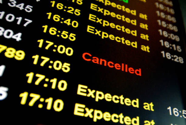 istock Flight cancelled illuminated on airport arrivals board 1172662380