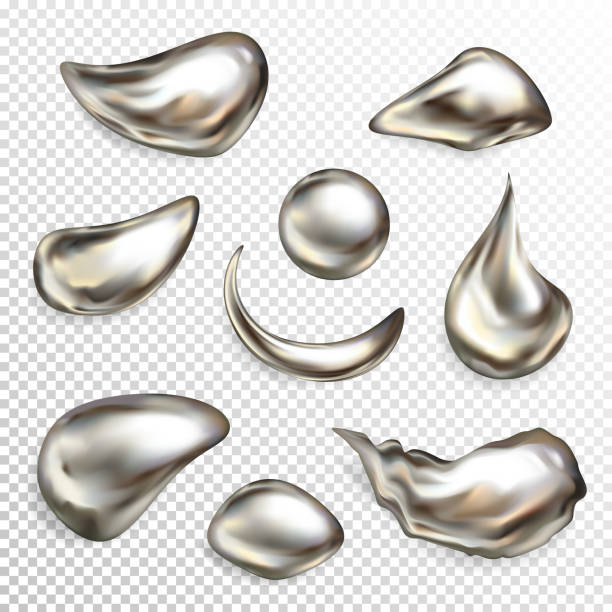 Metal silver drops realistic vector illustration Metal silver droplets vector illustration of realistic 3D liquid quicksilver with pearl texture. Isolated abstract shapes of chrome ball and metallic drops for jewelry design melting metal stock illustrations