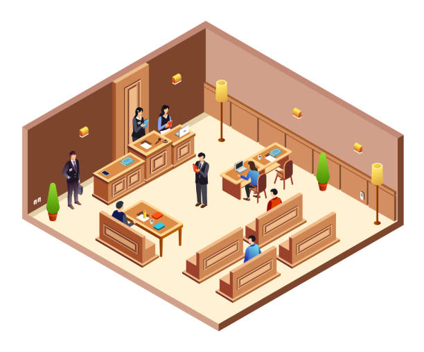 Court hearing cross section vector illustration Court hearing cross section vector illustration. Isometric courthouse hall room with modern interior layout, judge at table, prosecutor and jury people with computers government drawings stock illustrations