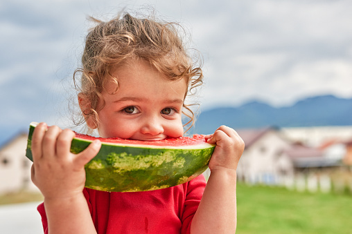 Little girl eating watermelon in the garden, feeling happy