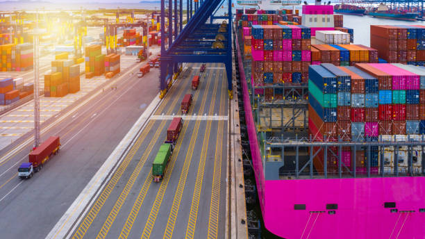 istock Container ship loading and unloading in deep sea port, Aerial view of business logistic import and  export freight shipping transportation by container ship in open sea. 1172664938