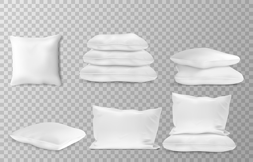 Realistic white pillows side en top view combinations mockup set transparent background vector illustration