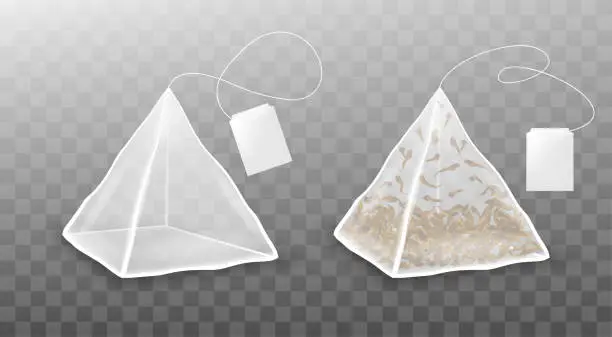 Vector illustration of Tea bag pyramid shape isolated on transparent background. Realistic vector tea bag with label.