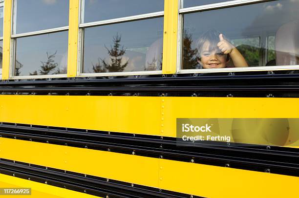 Happy On The School Bus Stock Photo - Download Image Now - Back to School, Boys, Bus