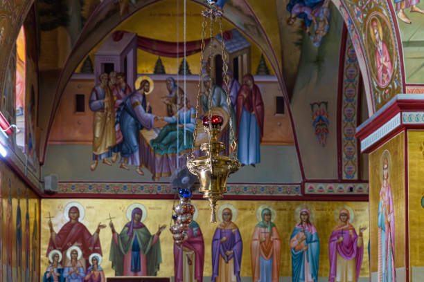 Nazareth, Israel, August 31, 2019 : A decorative lamp hangs in the Greek Orthodox Monastery of the Transfiguration located on Mount Tavor near Nazareth in Israel
