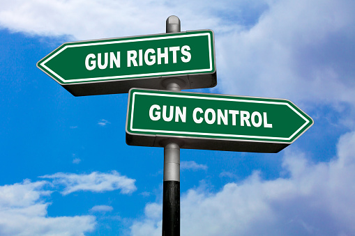Two direction signs, one pointing left (Gun rights), and the other one, pointing right (Gun control).