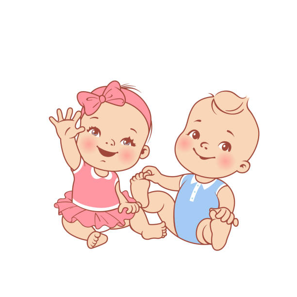 illustrations, cliparts, dessins animés et icônes de petit enfant et garçon siting. jumeaux oy et fille - people child twin smiling