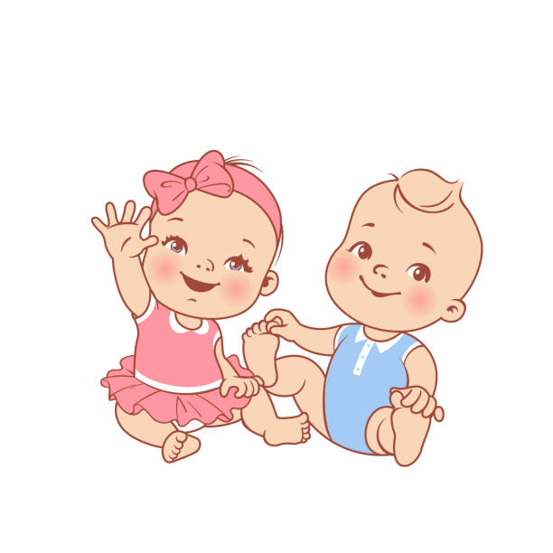 Little baby girl and boy siting. Twins oy and girl clothes for children. Kindergarten and preschool fashion. Smiling twins girl and boy. Happy baby wave hand.  Emblem for clothes shop. Color vector illustration. baby girls stock illustrations